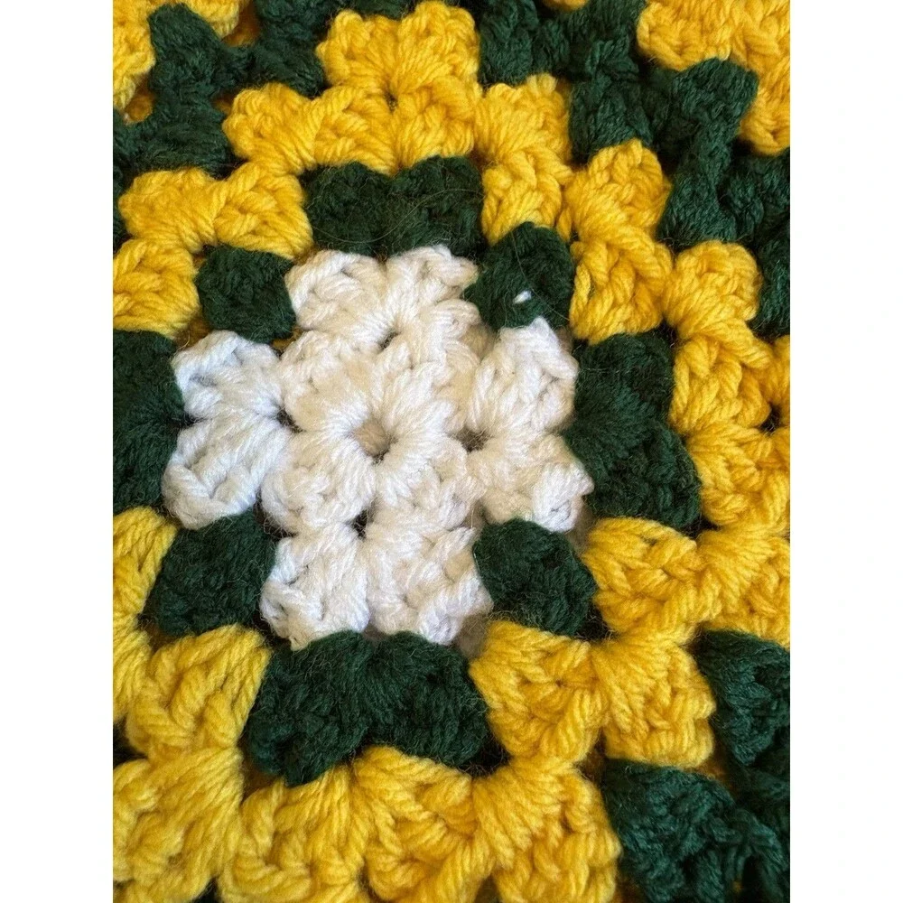 Green Bay Packers Inspired Afghan Granny Square 36x70” Blanket Green Gold EUC